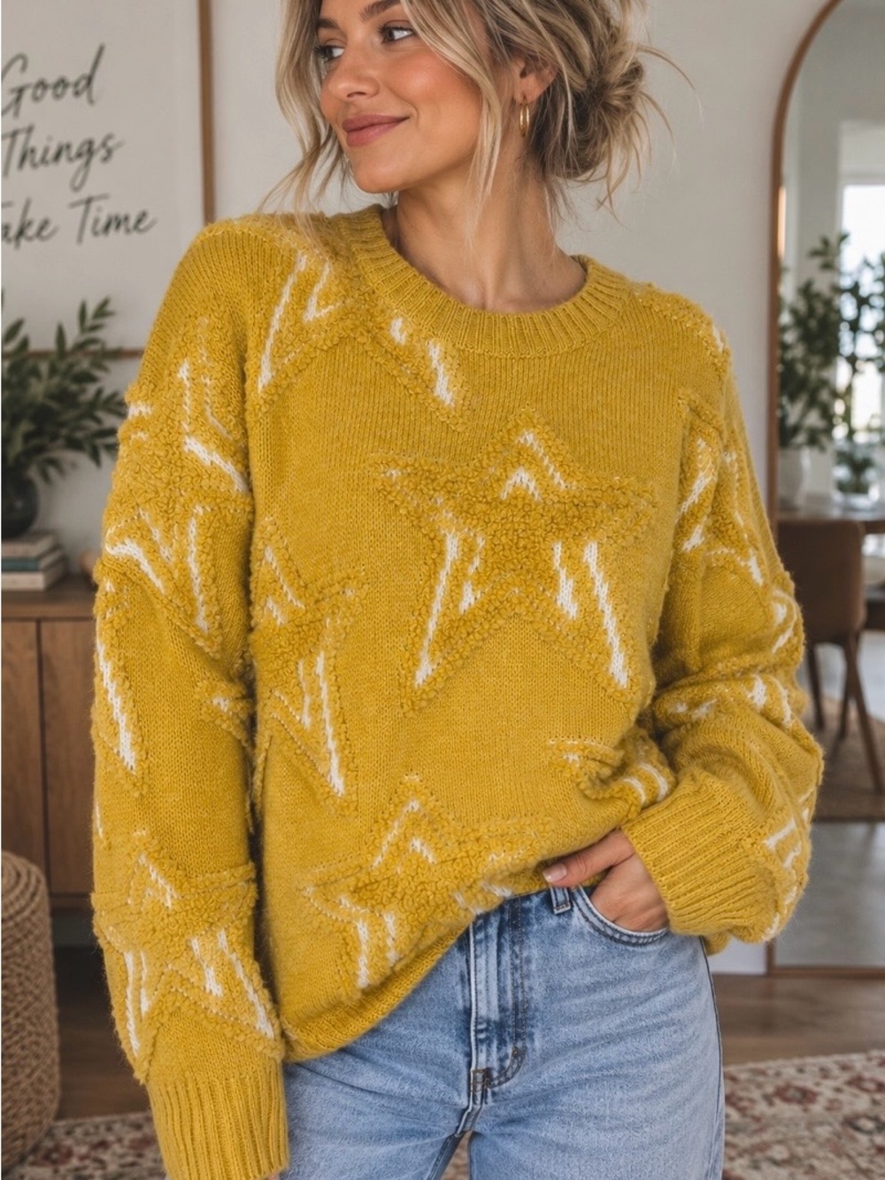 Zoria Mustard Yellow Textured Star Knit Sweater Women’s L Oversized